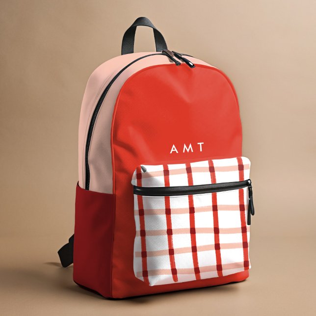 Red Gingham Plaid Personalized Name Initials Printed Backpack (Red and white hand-drawn plaid personalized school backpack.)