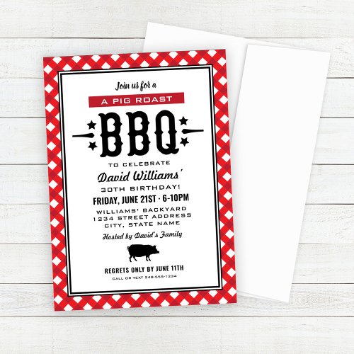 Red Gingham Plaid Pig Roast BBQ Birthday Party Invitation