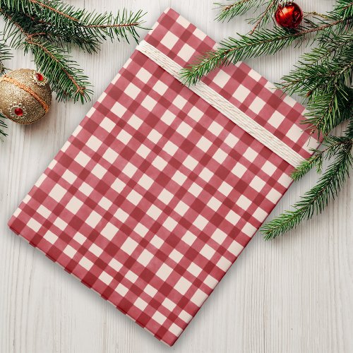 Red Gingham Plaid Traditional Minimal Christmas Wrapping Paper