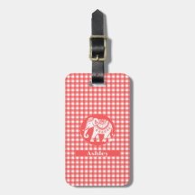 Red Gingham Plaid with White Elephant and Name