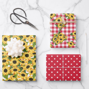 Red Gingham Polka Dots Sunflower Floral Patterns Wrapping Paper Sheets