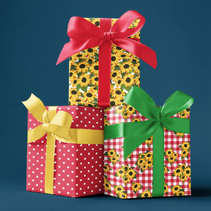 Red Gingham Polka Dots Sunflower Floral Patterns Wrapping Paper Sheets