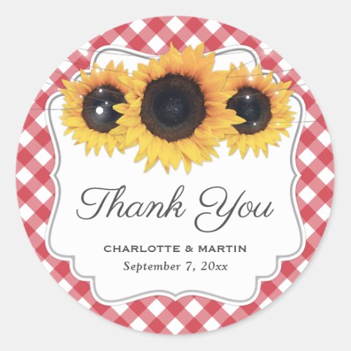 Red Gingham Rustic Sunflower Floral Thank You Classic Round Sticker
