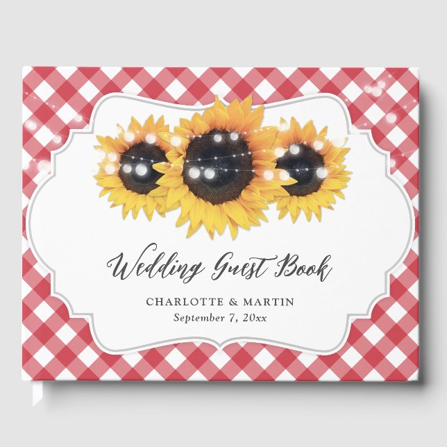 Red Gingham Rustic Sunflower Floral Wedding Guest Book (Front)