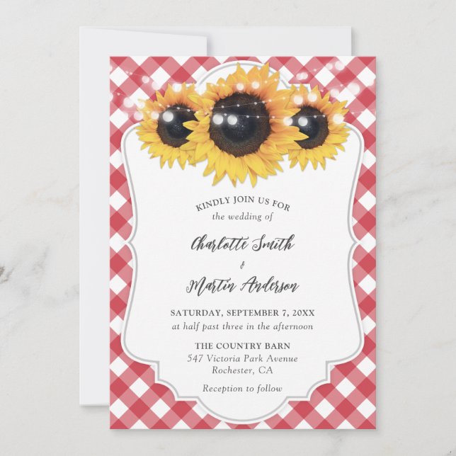 Red Gingham Rustic Sunflower Wedding Invitation (Front)