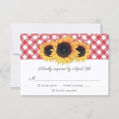 Red Gingham Rustic Sunflower Wedding RSVP Card