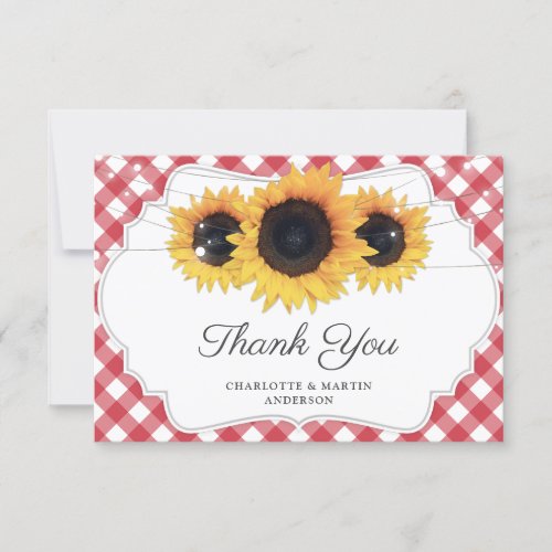 Red Gingham Rustic Sunflower Wedding Thank You Card