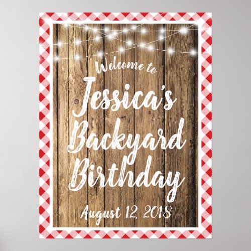 Red Gingham Rustic Wood Backyard BBQ Birthday Sign