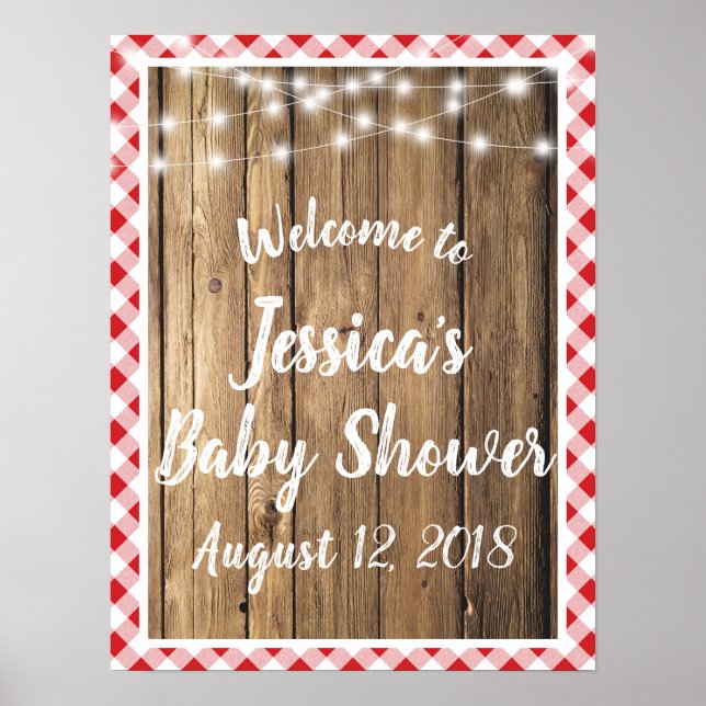 Red Gingham Rustic Wood Sting Lights Event Shower Poster (Front)