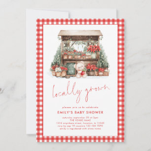 Red Gingham Script Locally Grown Xmas Baby Shower Invitation