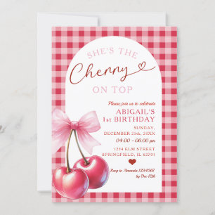 Red Gingham She's Cherry on Top Girl Birthday Bow Invitation
