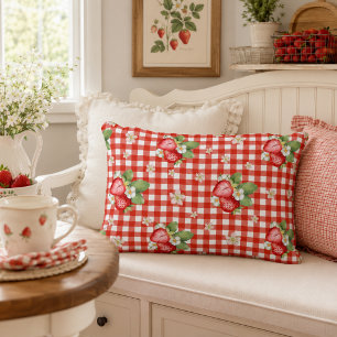 Red Gingham Strawberry Cottagecore Farmhouse Accent Pillow