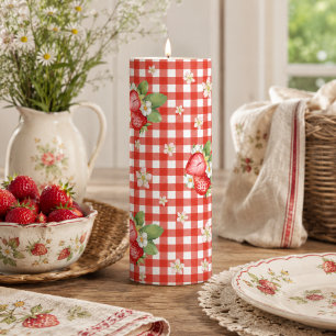 Red Gingham Strawberry Cottagecore Farmhouse Pillar Candle
