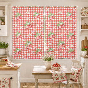 Red Gingham Strawberry Cottagecore Farmhouse Sheer Curtains