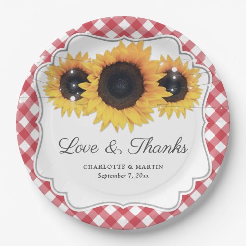 Red Gingham Sunflower Love and Thanks Wedding Paper Plates
