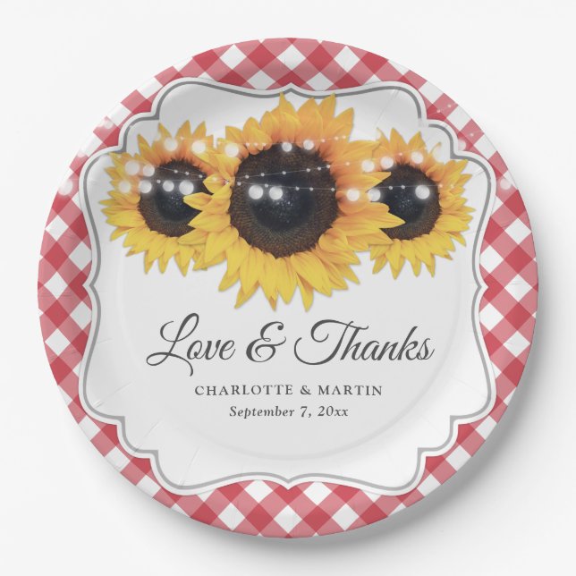 Red Gingham Sunflower Love and Thanks Wedding Paper Plates (Front)