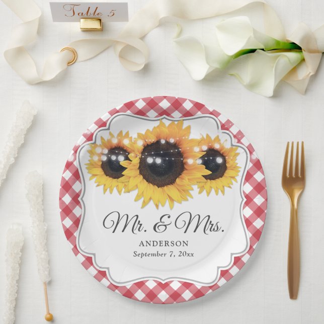 Red Gingham Sunflower Mr and Mrs Wedding Paper Plates (Wedding)