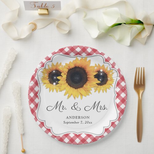 Red Gingham Sunflower Mr and Mrs Wedding Paper Plates