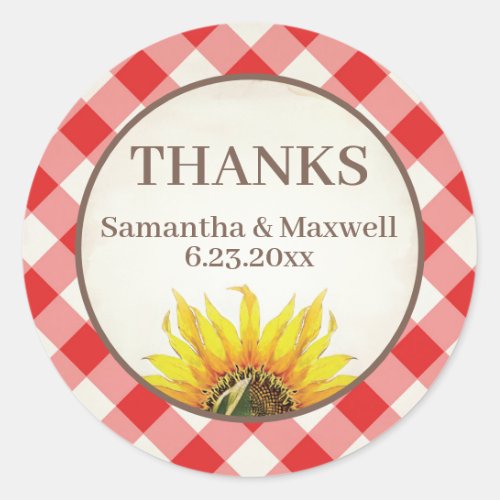 Red Gingham Sunflower Thank You Classic Round Sticker