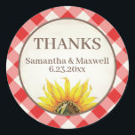 Red Gingham Sunflower Thank You Classic Round Sticker<br><div class="desc">This thank you favor sticker was designed to coordinate with VG Invites sunflower and gingham collection in red and yellow. Perfect for an I do bbq weddings. To see more rustic summer barbecue designs like this visit www.zazzle.com/vginvites</div>