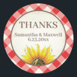 Red Gingham Sunflower Thank You Classic Round Sticker<br><div class="desc">This thank you favor sticker was designed to coordinate with VG Invites sunflower and gingham collection in red and yellow. Perfect for an I do bbq weddings. To see more rustic summer barbecue designs like this visit www.zazzle.com/vginvites</div>