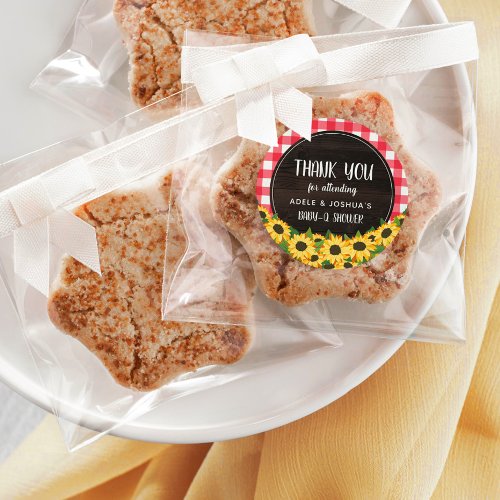 Red Gingham  Sunflowers Baby_Q Shower Thank You Classic Round Sticker