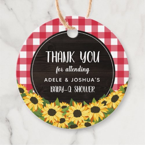 Red Gingham  Sunflowers Baby_Q Shower Thank You Favor Tags