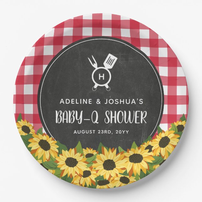 Red Gingham Sunflowers Chalkboard Baby-Q Shower Paper Plates (Front)