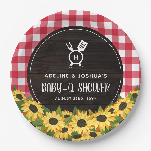 Red Gingham & Sunflowers Rustic Baby-Q Shower Paper Plates (Front)