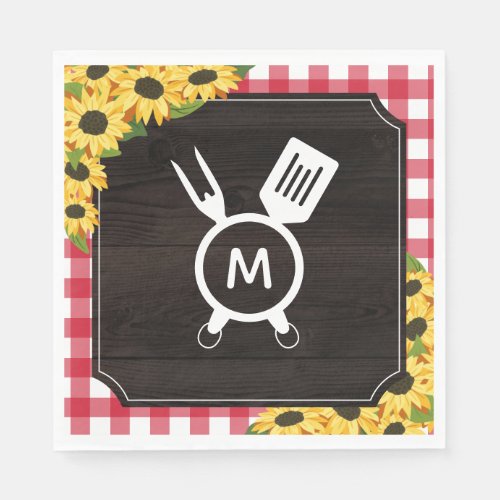 Red Gingham  Sunflowers Rustic Monogrammed BBQ Napkins