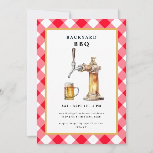 Red Gingham Tap  Beer Keg Backyard BBQ Party Invitation