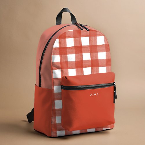 Red Gingham Watercolor Personalized Name Initials Printed Backpack