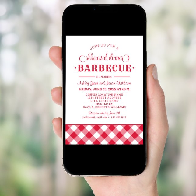 Red Gingham Wedding Rehearsal Dinner Barbecue Invitation (Front Digital)