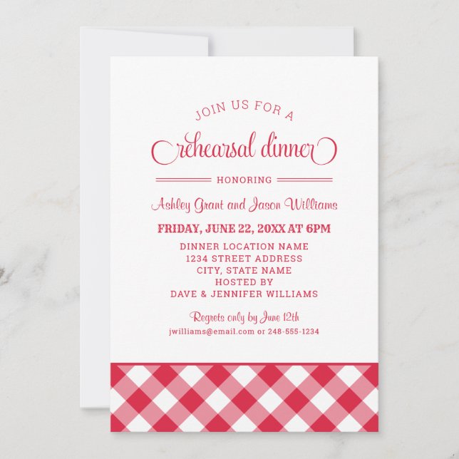 Red Gingham Wedding Rehearsal Dinner Invitation (Front)