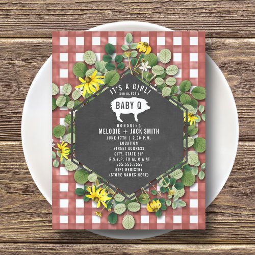 Red Gingham Wildflower Baby Q Baby Shower Invitation