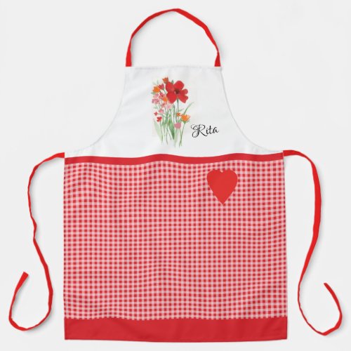 Red Gingham Wildflowers Red Heart White Apron