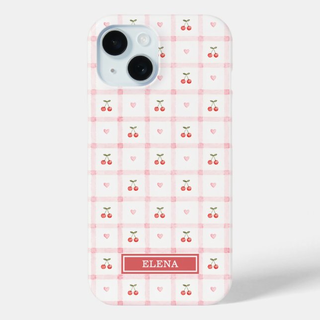 Red Gingham with Cherries and Bows Monogrammed Case-Mate iPhone Case (Back)