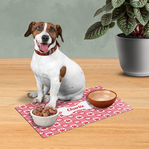 Red Gingham with Dog Paw Prints and Bone Pet Placemat