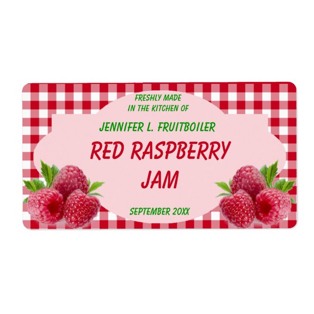 Red Gingham with Raspberries Jam or Food Label (Front)