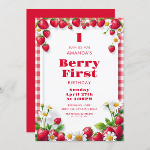 Red Gingham with Strawberries Baby Girl Birthday Invitation
