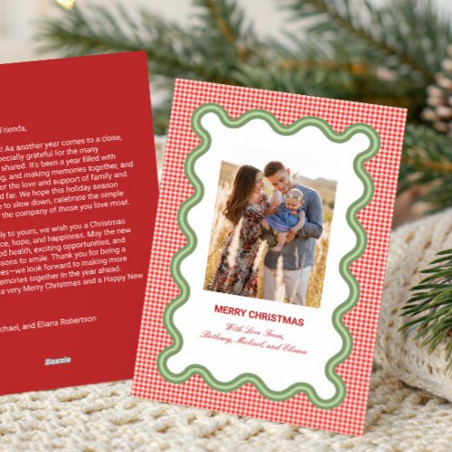 Red Gingham with Wavy Green Border Photo & Letter Holiday Card