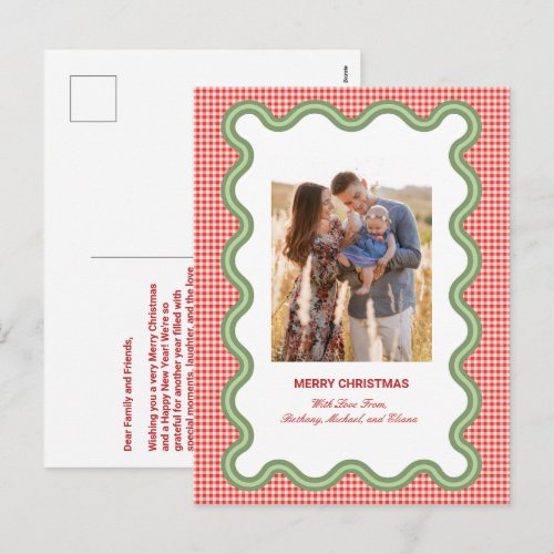 Red Gingham with Wavy Green Border Photo & Letter Holiday Postcard