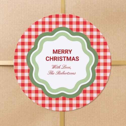Red Gingham with Wavy Green Frame Personalized Classic Round Sticker