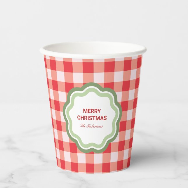 Red Gingham with Wavy Green Frame Personalized Paper Cups (Front)