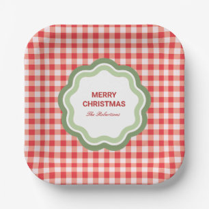 Red Gingham with Wavy Green Frame Personalized Paper Plates