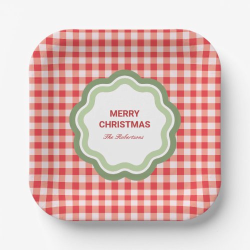 Red Gingham with Wavy Green Frame Personalized Paper Plates