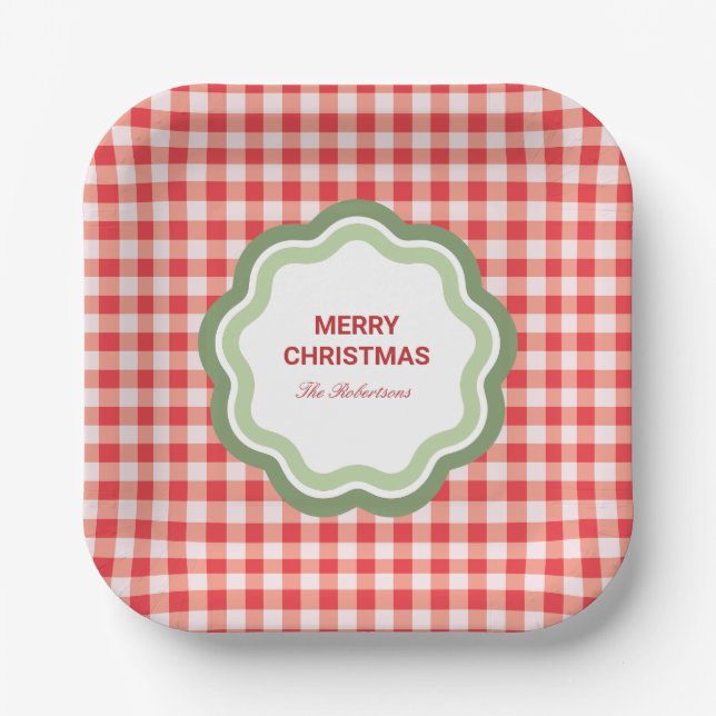 Red Gingham with Wavy Green Frame Personalized Paper Plates (Front)