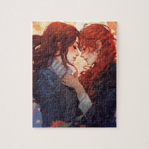 Red Girl Anime Lesbian Love Jigsaw Puzzle