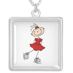 Red Girl Ice Skater T-shirts and Gifts Silver Plated Necklace