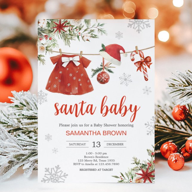 Red Girl Santa Christmas Baby Shower  Invitation (Santa Baby Clothesline Baby Shower Invitation)